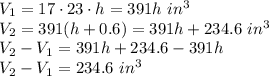 V_1=17\cdot23\cdot h=391h\ in^3\\ V_2=391(h+0.6)=391h+234.6\ in^3\\&#10;V_2-V_1=391h+234.6-391h\\&#10;V_2-V_1=234.6 \ in ^3