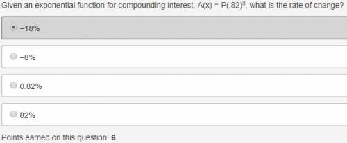 Given an exponential function for compounding interest, a(x) = p(.82)^x, what is the rate of change?