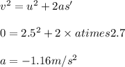 v^2 = u^2 + 2as'\\\\0 = 2.5^2 + 2 \times a times 2.7\\\\a = -1.16m/s^2