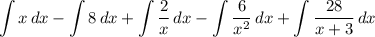 \displaystyle \int {x} \, dx - \int {8} \, dx + \int {\frac{2}{x}} \, dx - \int {\frac{6}{x^2}} \, dx + \int {\frac{28}{x + 3}} \, dx