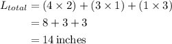\begin{aligned}{L_{total}} &= \left( {4 \times 2} \right) + \left( {3 \times 1} \right) + \left( {1 \times 3} \right) \\&= 8 + 3 + 3\\&= 14\,{\text{inches}}\\\end{aligned}