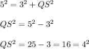 5^{2}=3^{2}+QS^{2}\\ \\QS^{2}=5^{2}-3^{2}\\\\QS^{2}=25-3=16=4^2