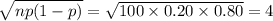 \sqrt{np(1-p)}=\sqrt{100\times0.20\times0.80}=4