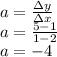 a= \frac{\Delta y}{\Delta x}  \\ a= \frac{5-1}{1-2}  \\ a=-4
