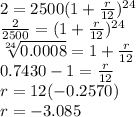 2=2500(1+ \frac{r}{12} )^{24} \\  \frac{2}{2500} =(1+ \frac{r}{12} )^{24}  \\  \sqrt[24]{0.0008} =1+ \frac{r}{12} \\ 0.7430-1= \frac{r}{12} \\ r=12(-0.2570) \\ r=-3.085