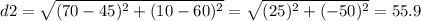 d2=\sqrt{(70-45)^{2}+(10-60)^{2}}=\sqrt{(25)^{2}+(-50)^{2}}=55.9