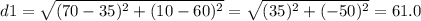 d1=\sqrt{(70-35)^{2}+(10-60)^{2}}=\sqrt{(35)^{2}+(-50)^{2}}=61.0