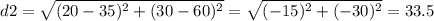 d2=\sqrt{(20-35)^{2}+(30-60)^{2}}=\sqrt{(-15)^{2}+(-30)^{2}}=33.5