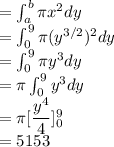 =\int_{a}^{b}\pi x^2dy\\=\int_{0}^{9}\pi (y^{3/2})^2dy\\=\int_{0}^{9}\pi y^3 dy\\=\pi\int_{0}^{9}y^3 dy\\= \pi [\dfrac{y^4}{4}]^9_0\\=5153
