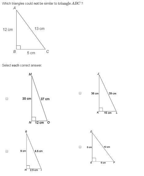 ↓asap! ↓ which triangles could not be similar to triangle abc ?