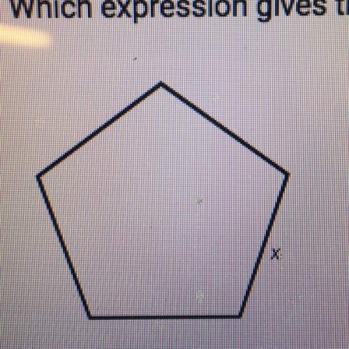 Which expression gives the perimeter of the regular pentagon shown below