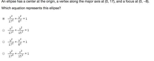 An ellipse has a center at the origin, a vertex along the major axis at (0, 17), and a focus at (0,