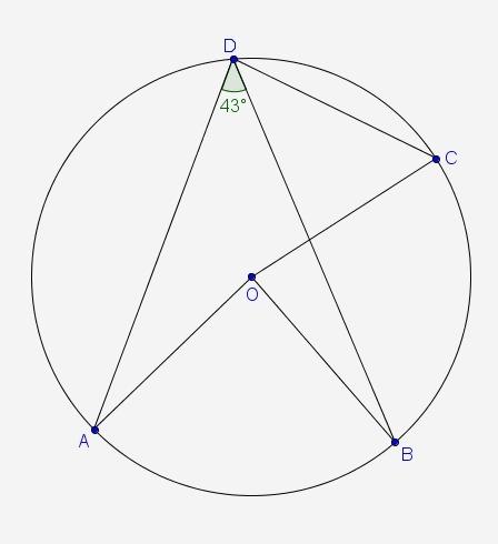 In the diagram, point o is the center of the circle and m∠adb = 43°. if m∠aob = m∠boc, what is m∠bdc