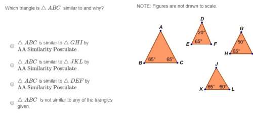 Which triangle is △abc similar to and why? △abc is similar to △ghi by  aa similarity postulate .