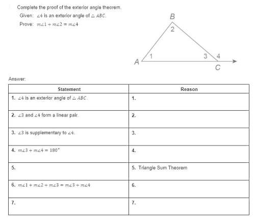 Complete the proof of the exterior angle theorem. given: ∠4 is an exterior angle of △abc. prove: m