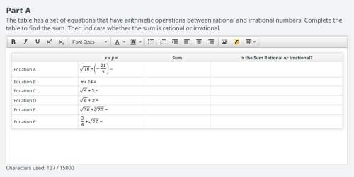 The table has a set of equations that have arithmetic operations between rational and irrational num
