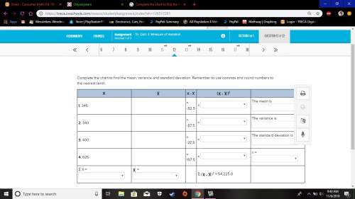 Complete the chart to find the mean, variance and standard deviation. remember to use commas and rou