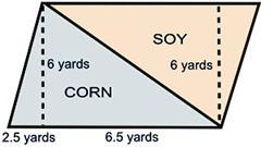 Afarmer has decided to divide his land area in half in order to plant soy and corn. calculate the ar