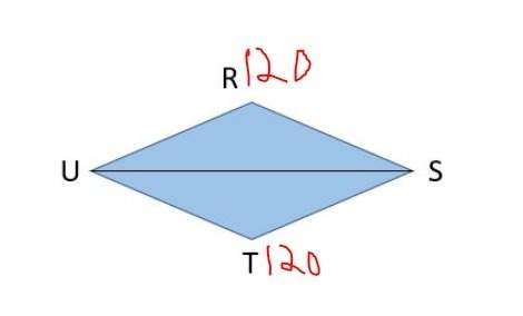 Parallelogram rstu is a rhombus. m∠r = 120° what is m∠t = 120 (what is m∠rsu? )