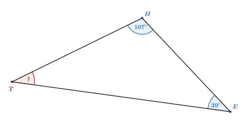 1) in triangle the, what is the measure of angle t (in degrees)? 2) in triangle bat, the measure of