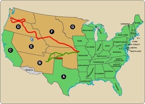 What does the red line identify? the colorado river the oregon trail the platte river the santa