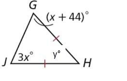 Find the measure of x and y in the isosceles triangle shown below: x=22, y=136 x=22, y=48 x=44, y=6