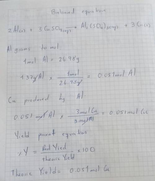 Aluminum reacts with excess copper(ii) sul- fate according to the unbalanced reaction al(s) + cuso4(