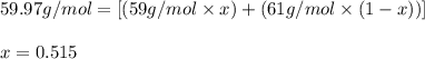 59.97 g/mol=[(59 g/mol\times x)+(61 g/mol\times (1-x))]\\\\x=0.515