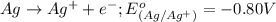 Ag\rightarrow Ag^{+}+e^-;E^o_{(Ag/Ag^{+})}=-0.80V