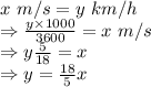 x\ m/s=y\ km/h\\\Rightarrow \frac{y\times 1000}{3600}=x\ m/s\\\Rightarrow y\frac{5}{18}=x\\\Rightarrow y=\frac{18}{5}x