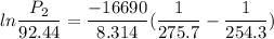 ln\dfrac{P_{2}}{92.44}=\dfrac{-16690}{8.314}(\dfrac{1}{275.7}-\dfrac{1}{254.3})