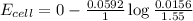 E_{cell}=0-\frac{0.0592}{1}\log \frac{0.0156}{1.55}