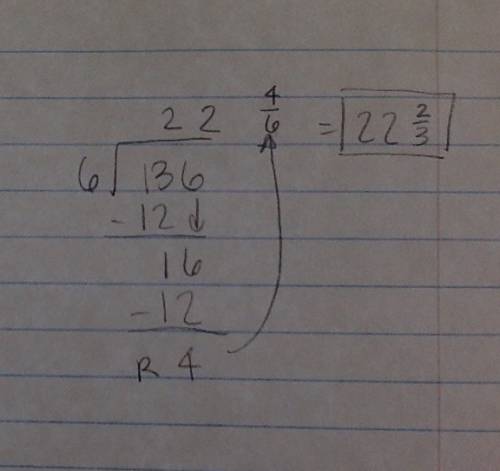 Long division show work what is 136/6
