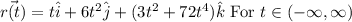 \vec{r(t)}=t\hat{i}+6t^2\hat{j}+(3t^2+72t^4)\hat{k} \text{ For }t \in (-\infty, \infty)