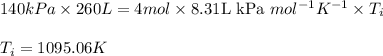 140kPa\times 260L=4mol\times 8.31\text{L kPa }mol^{-1}K^{-1}\times T_i\\\\T_i=1095.06K