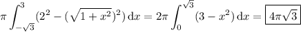 \displaystyle\pi\int_{-\sqrt3}^3(2^2-(\sqrt{1+x^2})^2)\,\mathrm dx=2\pi\int_0^{\sqrt3}(3-x^2)\,\mathrm dx=\boxed{4\pi\sqrt3}