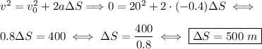 v^2=v_0^2+2a\Delta S\Longrightarrow 0=20^2+2\cdot(-0.4)\Delta S\iff\\\\ 0.8\Delta S=400\iff \Delta S=\dfrac{400}{0.8}\iff\boxed{\Delta S=500~m}