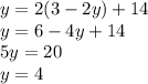 y = 2(3-2y) + 14\\y = 6 - 4y + 14\\5y = 20\\y = 4