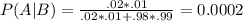 P(A|B) = \frac{.02*.01}{.02*.01+.98*.99} = 0.0002