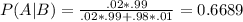 P(A|B) = \frac{.02*.99}{.02*.99 + .98*.01} = 0.6689