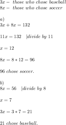 3x-\ those\ who\ chose\ baseball\\8x-\ those\ who\ chose\ soccer\\\\&#10;a)\\3x+8x=132\\\\&#10;11x=132\ \ \ | divide\ by\ 11\\\\x=12\\\\&#10;8x=8*12=96\\\\&#10;96\ chose\ soccer.\\\\\&#10;b)\\8x=56\ \ \ | divide\ by\ 8\\\\x=7\\\\&#10;3x=3*7=21\\\\&#10;21\ chose\ baseball.