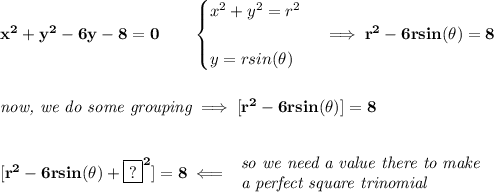 \bf x^2+y^2-6y-8=0\qquad &#10;\begin{cases}&#10;x^2+y^2=r^2\\\\&#10;y=rsin(\theta)&#10;\end{cases}\implies r^2-6rsin(\theta)=8&#10;\\\\\\&#10;\textit{now, we do some grouping}\implies [r^2-6rsin(\theta)]=8&#10;\\\\\\\&#10;[r^2-6rsin(\theta)+\boxed{?}^2]=8\impliedby &#10;\begin{array}{llll}&#10;\textit{so we need a value there to make}\\&#10;\textit{a perfect square trinomial}&#10;\end{array}
