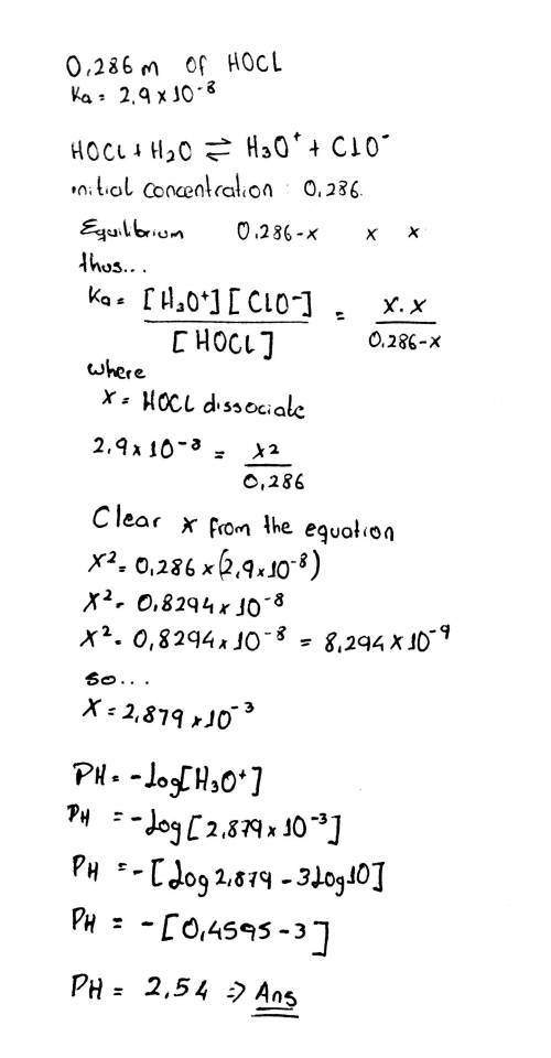 What is the ph of a 0.286 m solution of hypochlorous acid (k, 2.9 x 10-8)?
