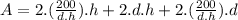 A=2.(\frac{200}{d.h} ).h+2.d.h+2.(\frac{200}{d.h} ).d