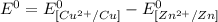 E^0=E^0_{[Cu^{2+}/Cu]}- E^0_{[Zn^{2+}/Zn]}
