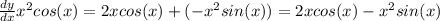 \frac{dy}{dx} x^2cos(x)=2xcos(x)+(-x^2sin(x))=2xcos(x)-x^2sin(x)