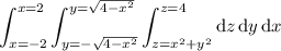 \displaystyle\int_{x=-2}^{x=2}\int_{y=-\sqrt{4-x^2}}^{y=\sqrt{4-x^2}}\int_{z=x^2+y^2}^{z=4}\mathrm dz\,\mathrm dy\,\mathrm dx
