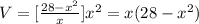 V=[\frac{28-x^{2}}{x}]x^{2}=x(28-x^{2})