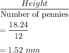 \dfrac{Height}{\text{Number of pennies}}\\\\=\dfrac{18.24}{12}\\\\=1.52\ mm