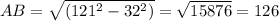 AB=\sqrt{(121^2-32^2)}= \sqrt{15876} =126